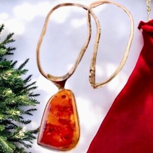 Sterling Silver Italy Vintage Snake Chain Necklace Amber Large Pendant